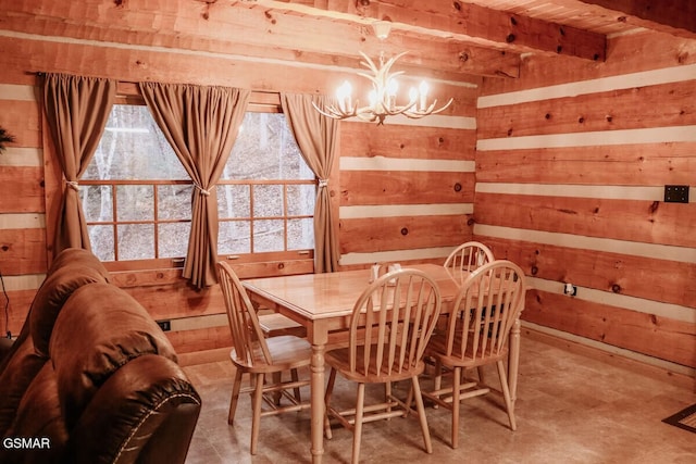 dining area with wood ceiling, a notable chandelier, wood walls, and beamed ceiling