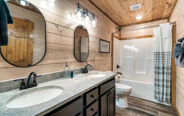 full bathroom featuring shower / bathtub combination with curtain, wood walls, wood-type flooring, and wood ceiling