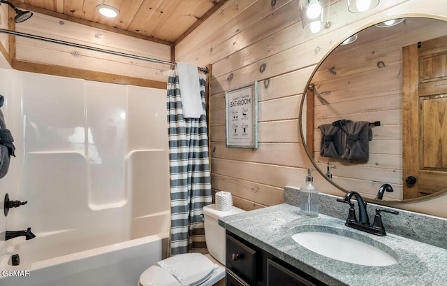 full bathroom with wood walls, shower / bath combination with curtain, toilet, vanity, and wood ceiling