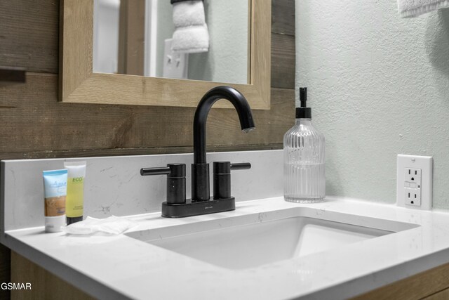 interior details with a textured wall and a sink