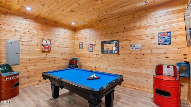 438 Alpine Mountain Way, Pigeon Forge, TN 37863 - recreation room featuring visible vents, wood ceiling, electric panel, wood finished floors, and billiards