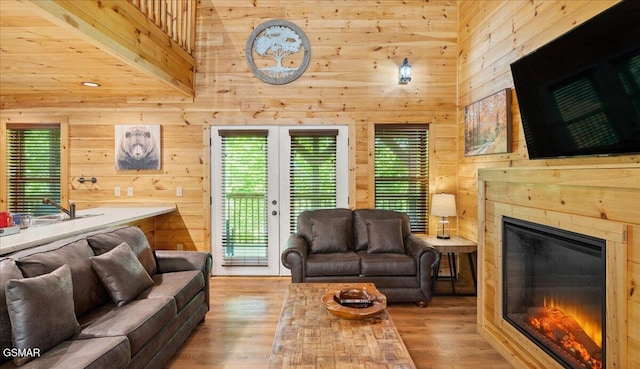 438 Alpine Mountain Way, Pigeon Forge, TN 37863 - living area featuring wooden walls, a healthy amount of sunlight, and a glass covered fireplace