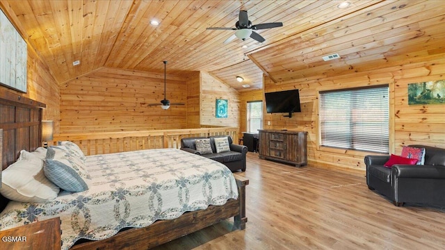 438 Alpine Mountain Way, Pigeon Forge, TN 37863 - bedroom featuring wooden ceiling, wood walls, lofted ceiling, and visible vents