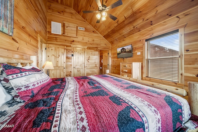 692 Stockton Dr, Sevierville, TN 37876 - bedroom featuring wood walls, vaulted ceiling, wooden ceiling, and a ceiling fan