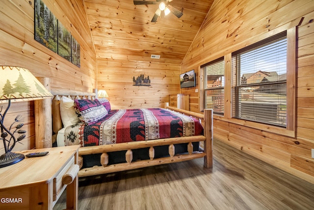 692 Stockton Dr, Sevierville, TN 37876 - bedroom with lofted ceiling, wooden walls, wood finished floors, and wooden ceiling
