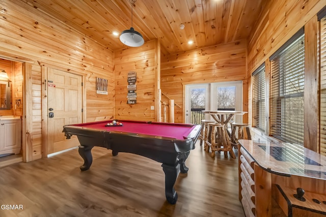 692 Stockton Dr, Sevierville, TN 37876 - rec room with billiards table, wood finished floors, wooden walls, recessed lighting, and wooden ceiling