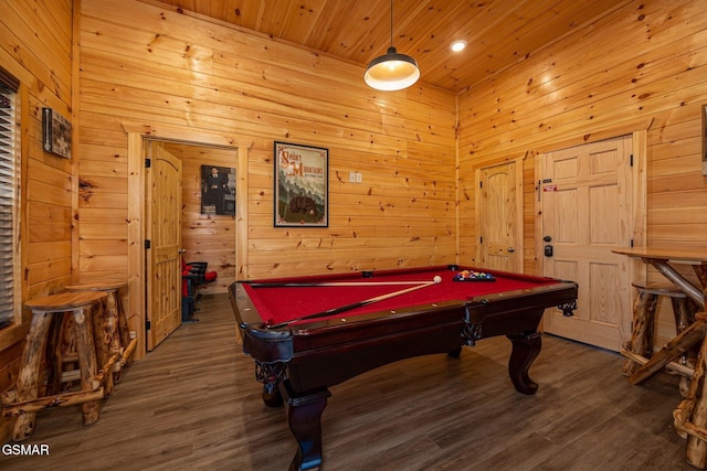 playroom with pool table, wood ceiling, wood finished floors, and wood walls