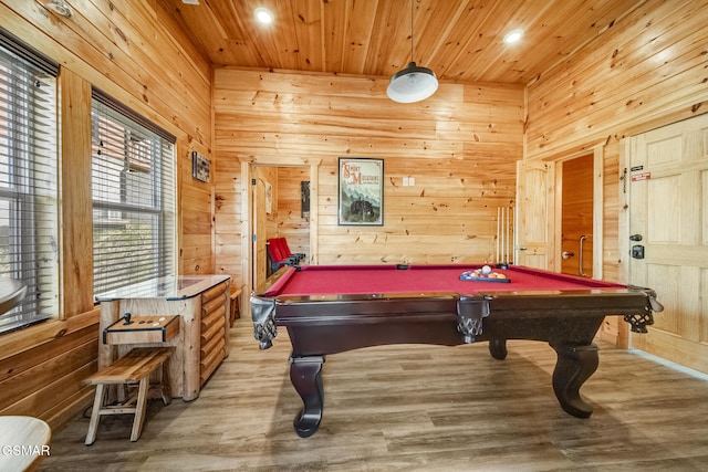 692 Stockton Dr, Sevierville, TN 37876 - rec room featuring billiards table, recessed lighting, wood walls, light wood-style floors, and wooden ceiling