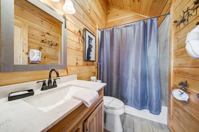 692 Stockton Dr, Sevierville, TN 37876 - bathroom featuring wooden walls, toilet, vanity, shower / bath combination with curtain, and wood finished floors