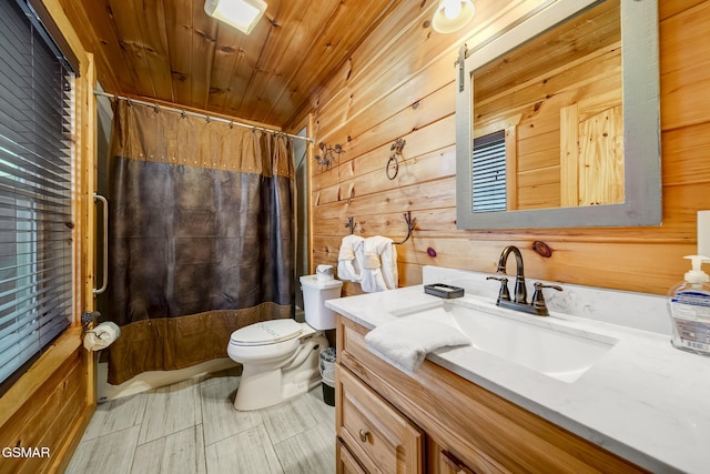 692 Stockton Dr, Sevierville, TN 37876 - full bath featuring wooden walls, toilet, wood ceiling, vanity, and a shower with curtain