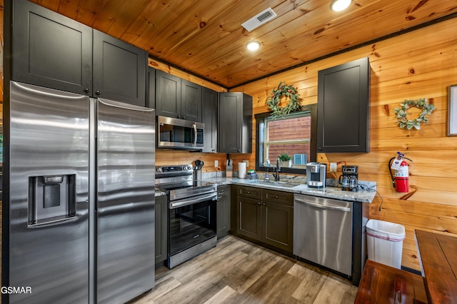 kitchen featuring light stone countertops, wood ceiling, stainless steel appliances, sink, and wood walls