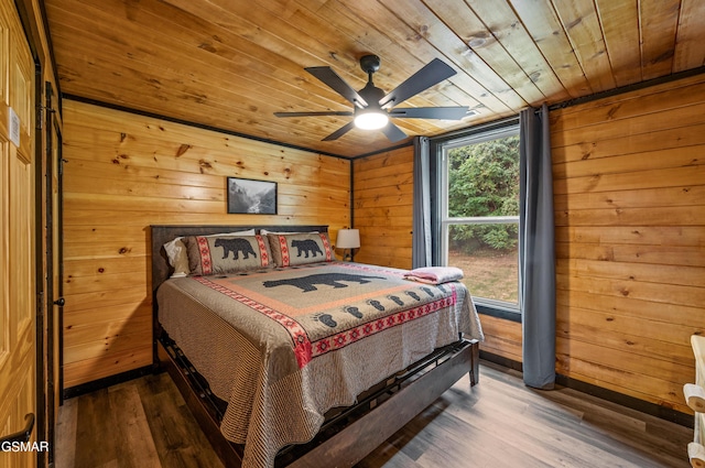 bedroom with wood-type flooring, wooden walls, ceiling fan, and wooden ceiling