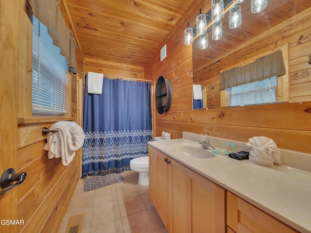 full bathroom with tile patterned floors, wooden walls, visible vents, vanity, and wooden ceiling