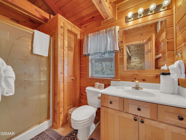 bathroom with beam ceiling, toilet, wood walls, a shower stall, and vanity