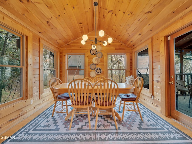 dining room featuring wooden walls, vaulted ceiling, a healthy amount of sunlight, and wooden ceiling