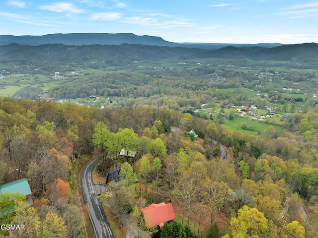 aerial view featuring a wooded view and a mountain view