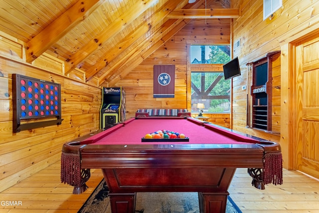 recreation room with wood walls, wooden ceiling, and billiards