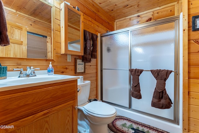 bathroom with wood walls, wood ceiling, an enclosed shower, and toilet