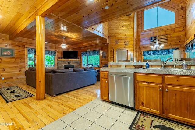 kitchen featuring stainless steel dishwasher, wooden ceiling, sink, and light tile patterned floors