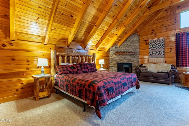 bedroom featuring carpet flooring, beamed ceiling, high vaulted ceiling, wooden walls, and wood ceiling