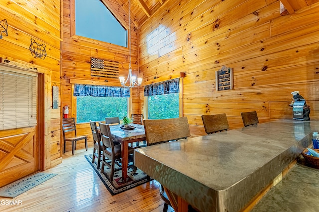 dining area featuring hardwood / wood-style floors, a notable chandelier, wooden ceiling, and high vaulted ceiling