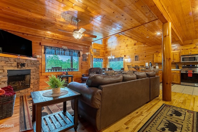 living room featuring wood ceiling, ceiling fan, a fireplace, light hardwood / wood-style floors, and wood walls