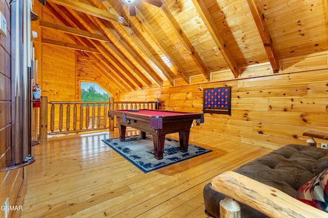 recreation room featuring lofted ceiling with beams, billiards, wooden walls, wood ceiling, and hardwood / wood-style flooring