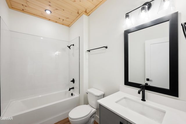 bathroom with wood ceiling, toilet, washtub / shower combination, vanity, and recessed lighting