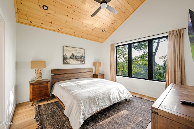 bedroom featuring wooden ceiling, baseboards, light wood-style floors, high vaulted ceiling, and a ceiling fan