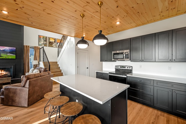kitchen featuring appliances with stainless steel finishes, wood ceiling, open floor plan, light wood finished floors, and light countertops