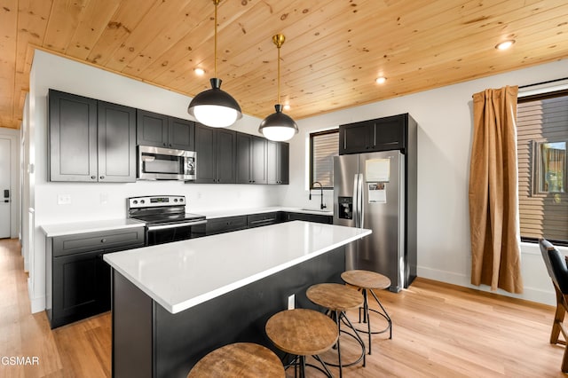 kitchen with appliances with stainless steel finishes, wood ceiling, light wood finished floors, recessed lighting, and light countertops