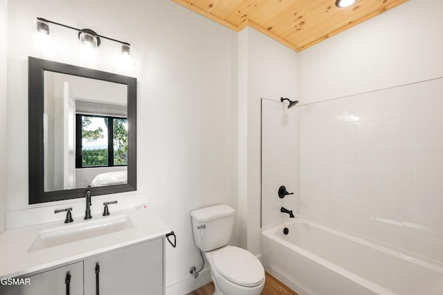 bathroom featuring wooden ceiling, toilet, shower / bathtub combination, vanity, and connected bathroom