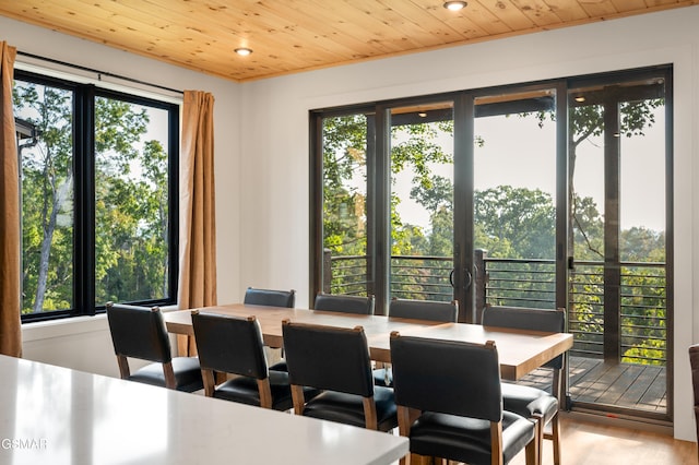 dining room featuring healthy amount of natural light, wooden ceiling, recessed lighting, and wood finished floors