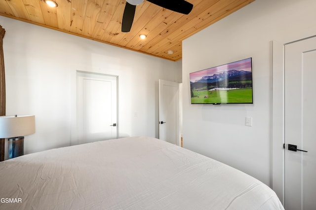 bedroom with wooden ceiling, recessed lighting, and a ceiling fan