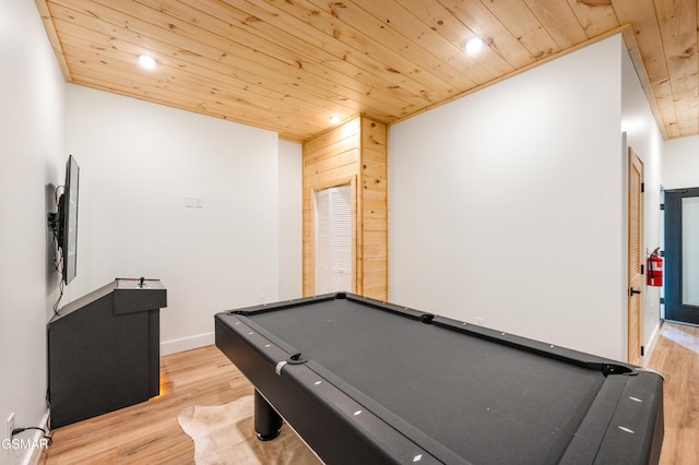 rec room featuring wooden ceiling, light wood finished floors, pool table, recessed lighting, and wooden walls