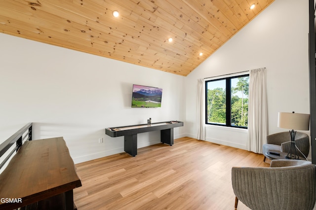 sitting room featuring wooden ceiling, baseboards, wood finished floors, high vaulted ceiling, and recessed lighting