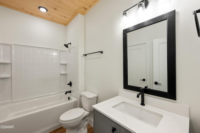 full bathroom featuring wood ceiling, toilet, vanity, shower / tub combination, and recessed lighting