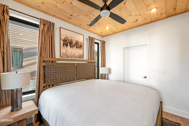 bedroom featuring wood finished floors, wooden ceiling, baseboards, recessed lighting, and a ceiling fan