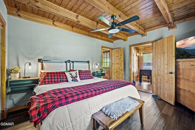 bedroom featuring ceiling fan, dark hardwood / wood-style flooring, beamed ceiling, and wooden ceiling