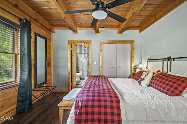 bedroom featuring beamed ceiling, dark hardwood / wood-style flooring, ceiling fan, and wooden ceiling