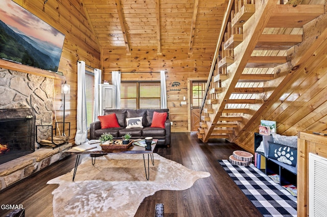 living room with dark hardwood / wood-style flooring, wood ceiling, beam ceiling, a stone fireplace, and wood walls