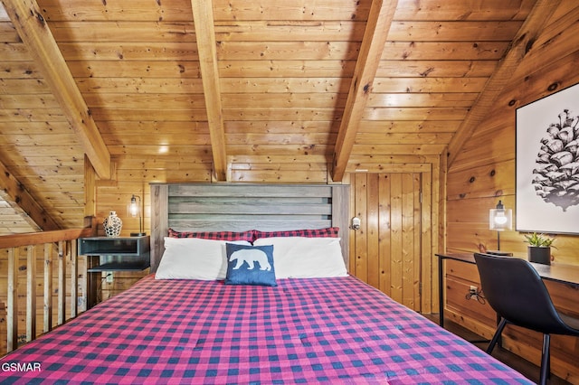 unfurnished bedroom with lofted ceiling with beams, wood walls, and wooden ceiling