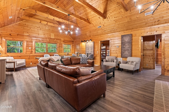 living room with dark hardwood / wood-style flooring, beamed ceiling, a notable chandelier, high vaulted ceiling, and wooden ceiling