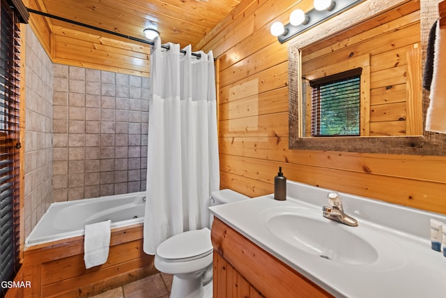 full bathroom with wooden walls, shower / tub combo, tile patterned floors, and wood ceiling