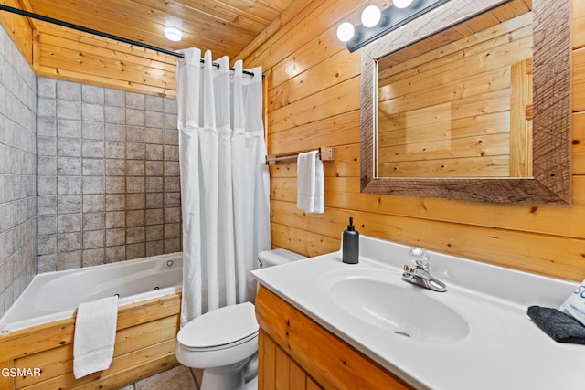 full bathroom featuring shower / bathtub combination with curtain, wood ceiling, vanity, toilet, and wood walls