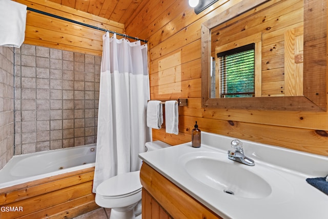 full bathroom with toilet, shower / bath combo with shower curtain, wooden ceiling, vanity, and wood walls