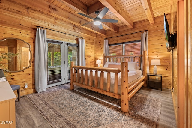 bedroom featuring wood ceiling, beamed ceiling, and wooden walls