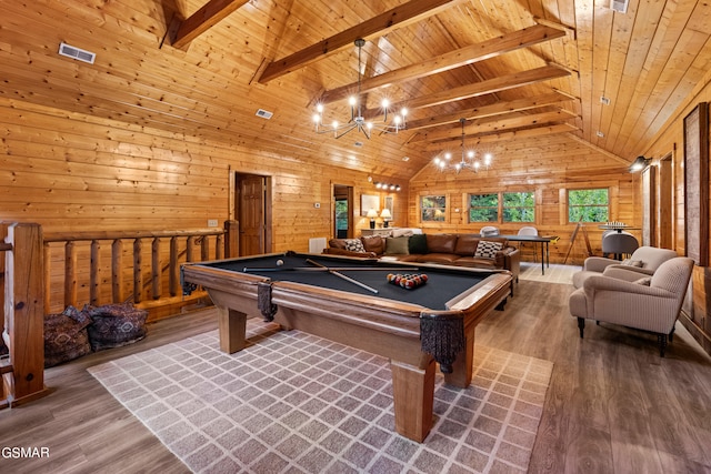 rec room featuring wood ceiling, billiards, beam ceiling, and hardwood / wood-style floors