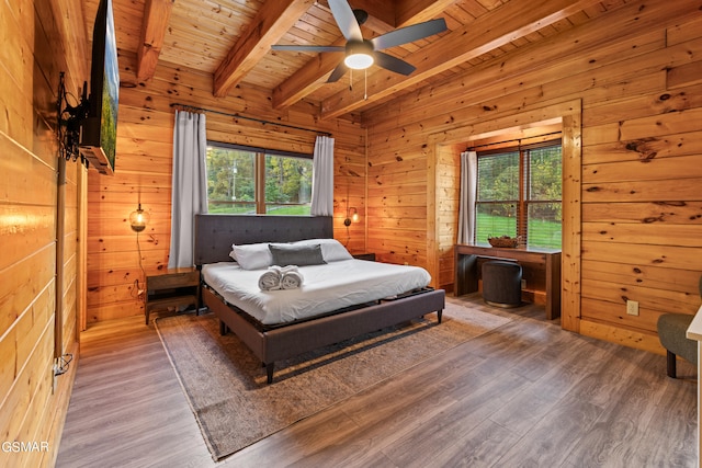 bedroom with wooden ceiling, multiple windows, beamed ceiling, and wooden walls