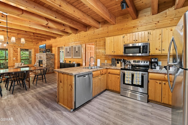 kitchen with appliances with stainless steel finishes, beamed ceiling, wooden walls, sink, and kitchen peninsula